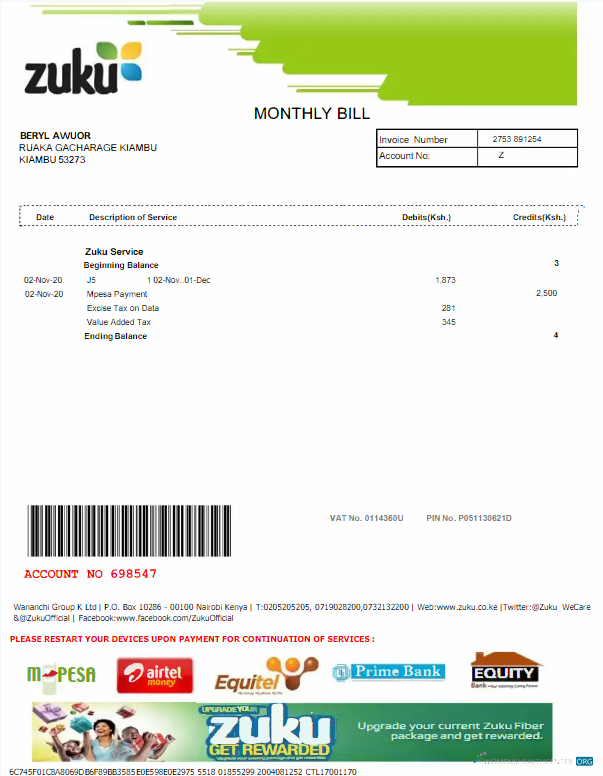 download download KENYA ZUKU utility bill Word and PDF template PDF template PDF template